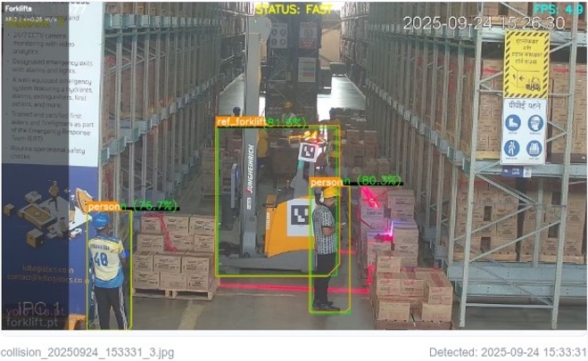 Forklift safety monitoring feed in a warehouse aisle.