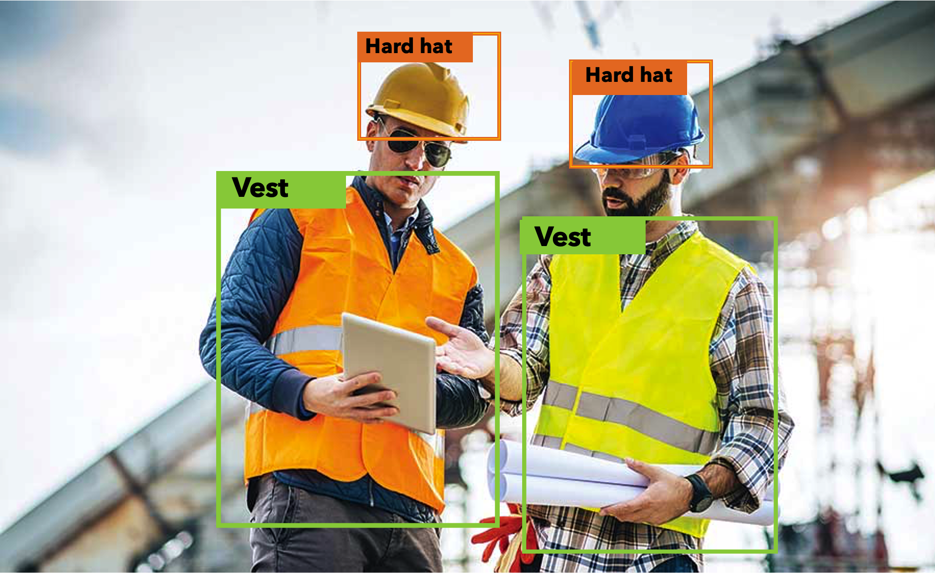 PPE monitoring feed for workers on an industrial site.